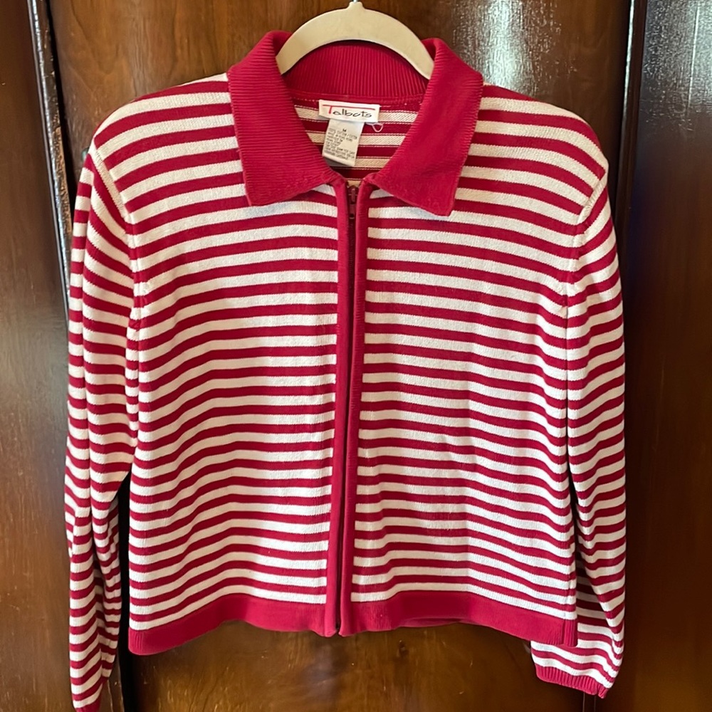 Vintage Talbots Zip up Sweater with red&white stripes in size M